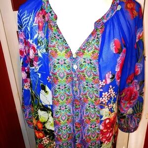 Vibrant Floral Semi Sheer Tunic S